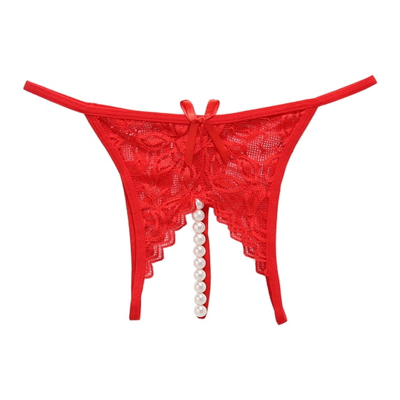Puliio Women's Lace Underwear Open Front Thong Panties with Pearl Bead Decor Bow Detail Soft Sheer Mesh