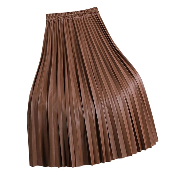 Puliio Women's PU Leather Pleated Midi Skirt Elastic Waist Casual Office Skirts