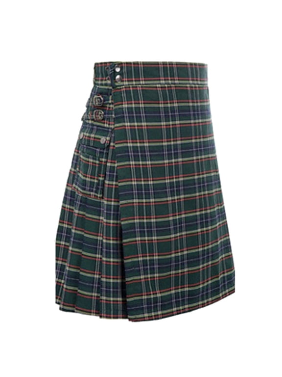 Women's Plaid Utility Kilt Skirt High Waist Side Pocket Casual Skirts