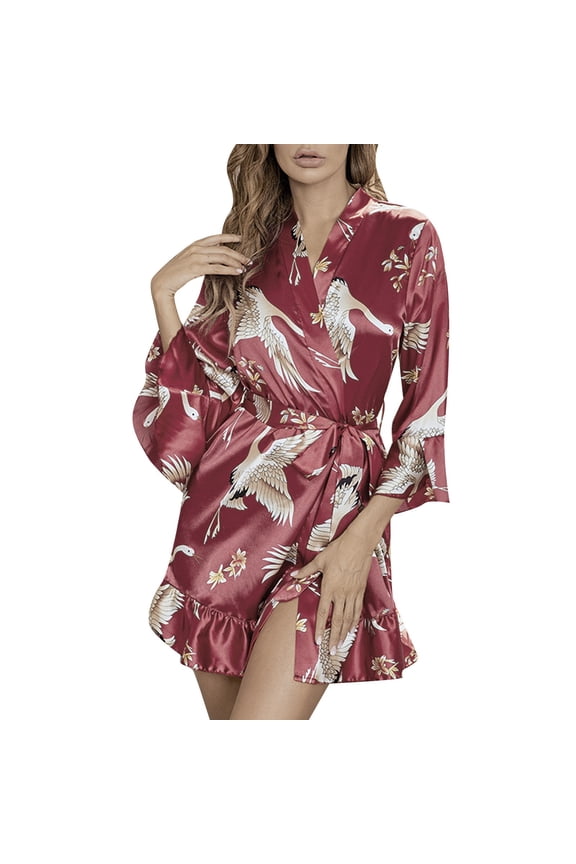 Women's Robes Leopard Print Satin Ruffle Edge Trendy Bathrobe Robe Soft Comfortable Sleepwear For Ladies,Size L