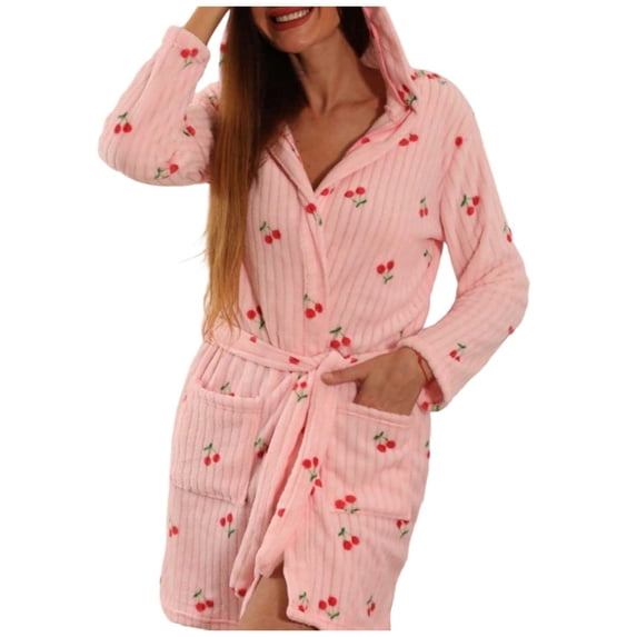 Puliio Women's Robes Warm Plush Cherry Print Hooded Bathrobe Soft Flannel Comfortable Home Loungewear Housecoats,Size S
