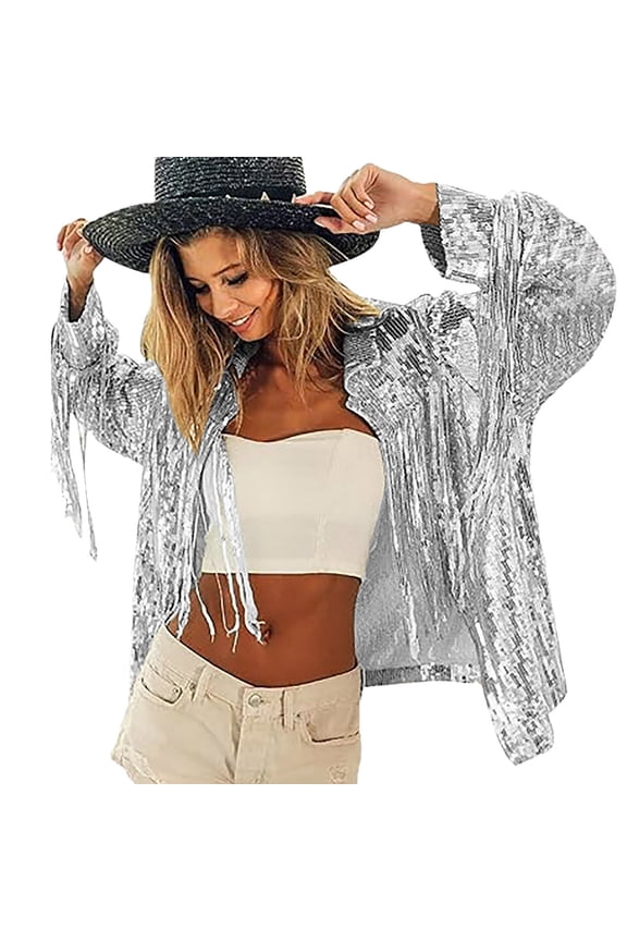 Women's Shirt Jacket Grunge Sequin Fringe Relaxed Fit Buttery Soft Long Sleeve Night Out Outer Coat