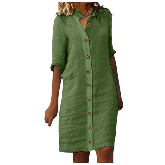 Puliio Women's Shirtdress Spring Summer Solid Color Midi Skirt Shirt Dress Button 1/2 Sleeve Lapel Casual Daily Wear Dresses
