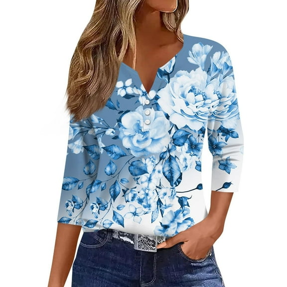Puliio Women's Shirts Flower Printing V-Neck Button Top Summer Trendy Leisure Everyday Wear Blouses