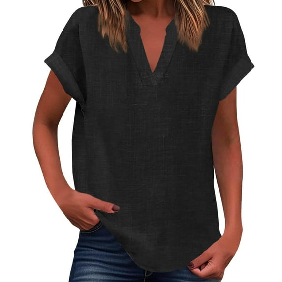 Puliio Women's Shirts Summer Pleated V Neck Solid Color Short Sleeve Top Loose Fit Curved Hem Flowy Blouses Dressy Tops