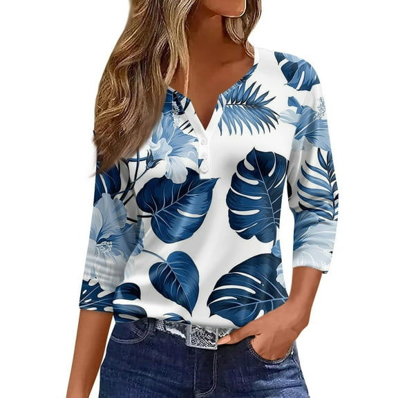 Puliio Women's Shirts Tropical Leaf Print V-Neck Button Top Summer Trendy Leisure Everyday Wear Blouses