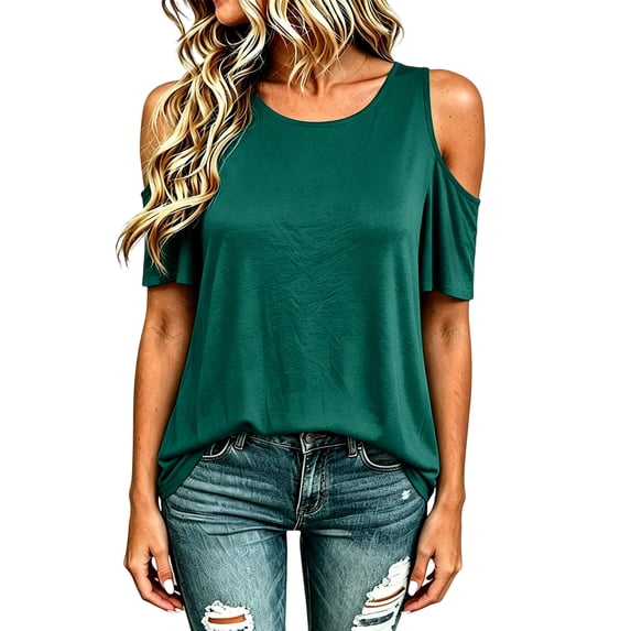 Puliio Women's Solid Cold Shoulder T Shirt Short Sleeve Going Out Soft Relaxed Summer Tee