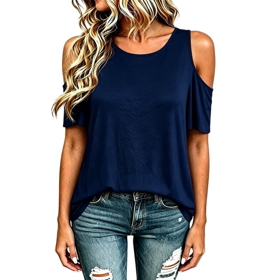 Puliio Women's Solid Cold Shoulder T Shirt Short Sleeve Going Out Soft Relaxed Summer Tee