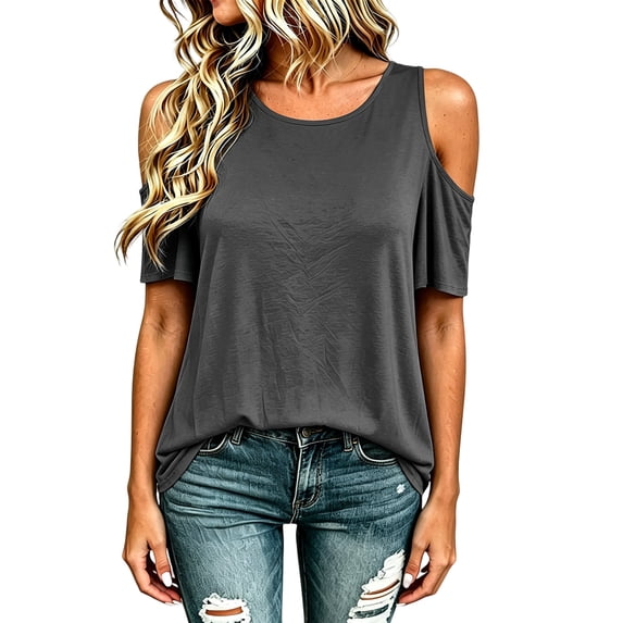 Puliio Women's Solid Cold Shoulder T Shirt Short Sleeve Going Out Soft Relaxed Summer Tee
