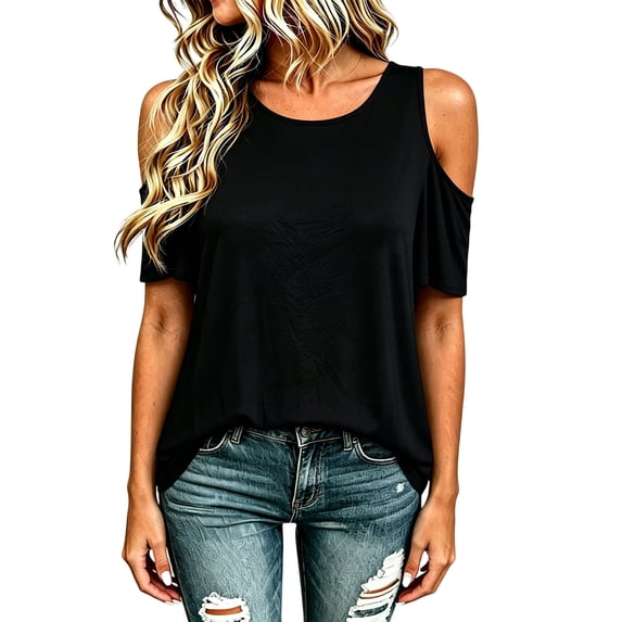 Puliio Women's Solid Cold Shoulder T Shirt Short Sleeve Going Out Soft Relaxed Summer Tee