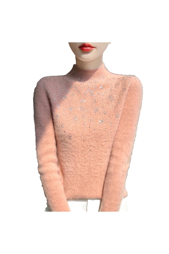 Women's Sweaters Fall Winter Seamless Neck Knit Sweater Rhinestone Embellished Ribbed Pullover Soft Comfortable Layering Base Layer Tops