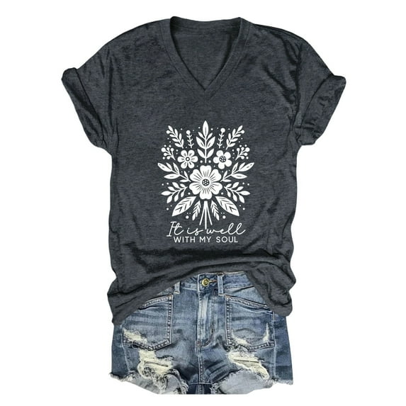 Puliio Women's T-Shirs V-Neck Flower Printed Casual Comfortable T Shirt Summer Daily Wear Vacation Vintage Chic Tops