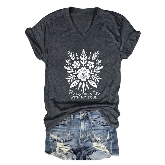 Puliio Women's T-Shirs V-Neck Flower Printed Casual Comfortable T Shirt Summer Daily Wear Vacation Vintage Chic Tops