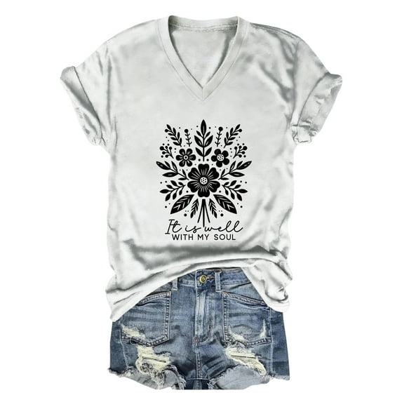 Puliio Women's T-Shirs V-Neck Flower Printed Casual Comfortable T Shirt Summer Daily Wear Vacation Vintage Chic Tops
