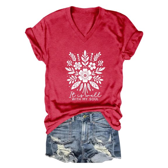 Puliio Women's T-Shirs V-Neck Flower Printed Casual Comfortable T Shirt Summer Daily Wear Vacation Vintage Chic Tops