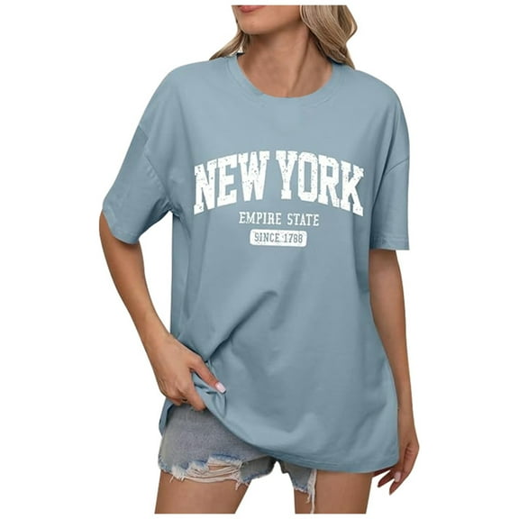 Puliio Women's T-Shirts English Letter Print Loose Shoulder Round Neck Short Sleeved T Shirt Top Summer Fashion Casual Tee Tops For Womens