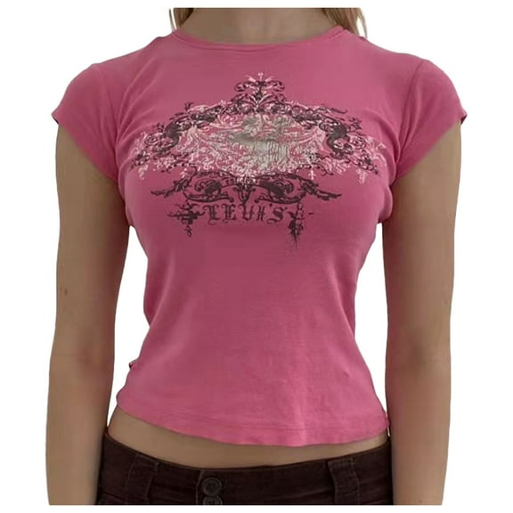 Puliio Women's T-Shirts Retro Printing Short Sleeved Crewneck T Shirt Summer Fashionable Casual Trend Slim Fit Tee Tops