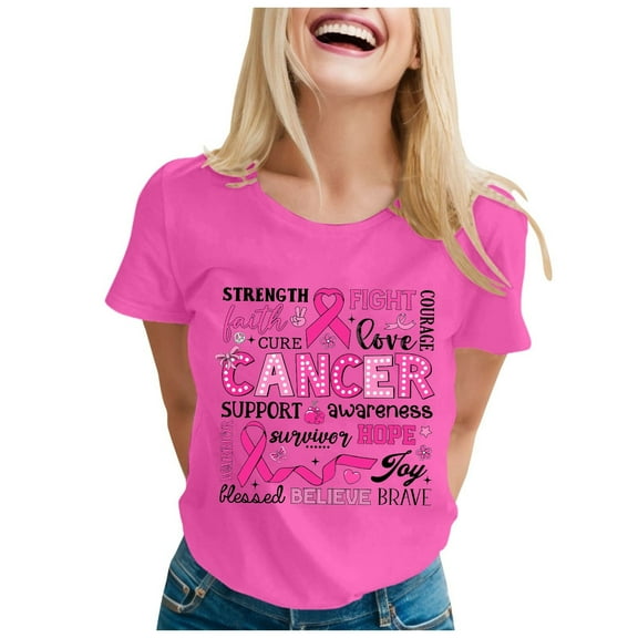 Puliio Women's T-Shirts Short Sleeve Round Neck Cancer Print International Awareness Month Tee Top Oversized Summer Tshirts