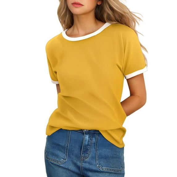 Puliio Women's T-Shirts Solid Color Crew Neck Short Sleeve T Shirt With Contrast Trim Summer Loose Casual Tee Tops Blouses