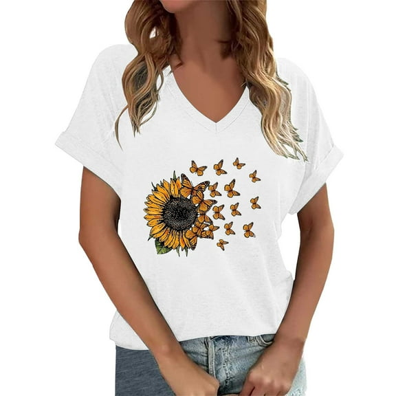 Puliio Women's T-Shirts Sunflower Butterfly V-Neck Short Sleeve T Shirt Summer Fashion Blouses Casual Loose Fit Tees Tops