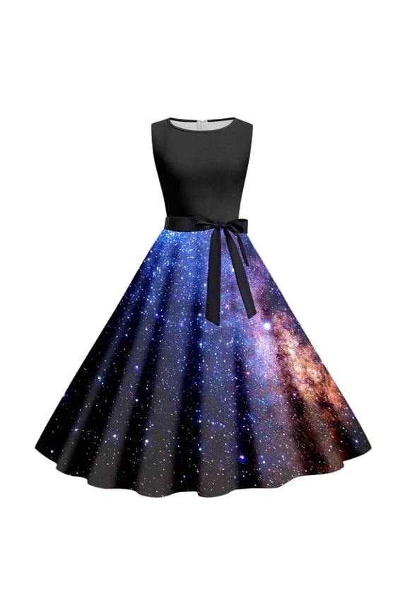Women's Tank Dress Galaxy Print Round Neck Sleeveless Waist Tie Design Casual Daily Leisure Dresses