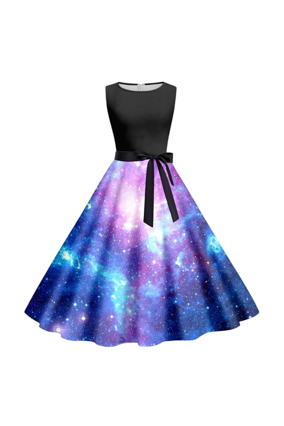 Women's Tank Dress Galaxy Print Round Neck Sleeveless Waist Tie Design Casual Daily Leisure Dresses