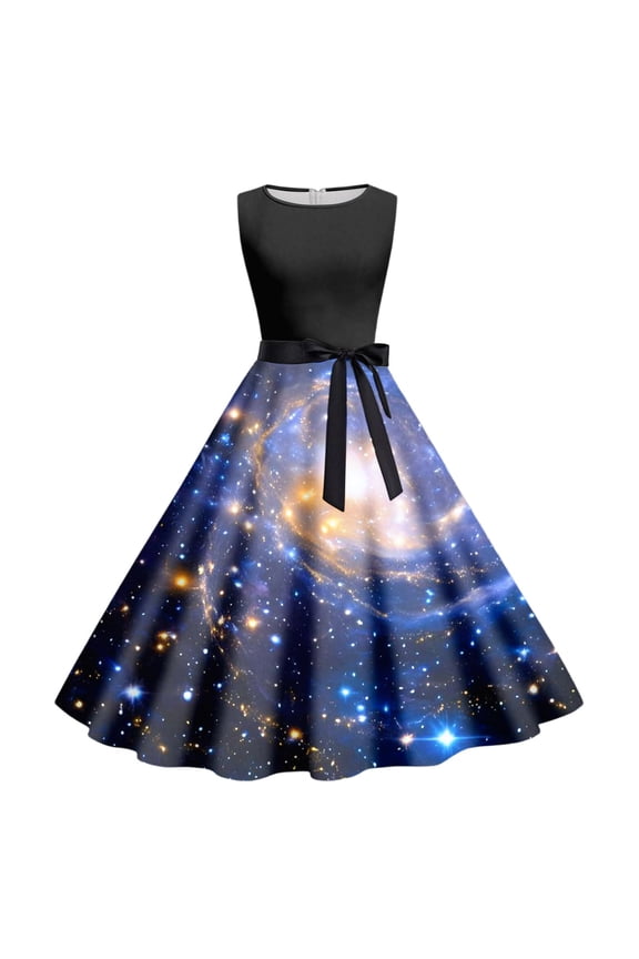 Women's Tank Dress Galaxy Print Round Neck Sleeveless Waist Tie Design Casual Daily Leisure Dresses