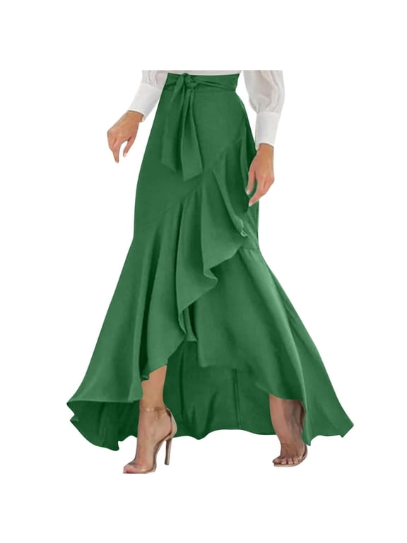 Women's Tie Waist Ruffled Maxi Skirt High Low Flowy Evening Party Skirts