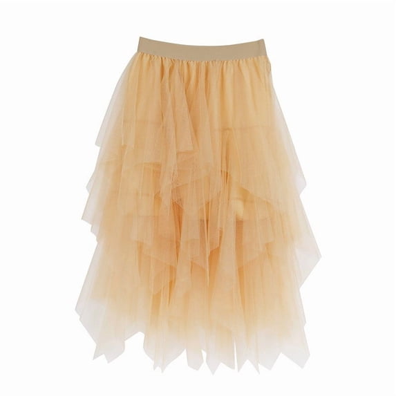 Puliio Women's Tiered Tulle Asymmetrical Midi Skirt Elastic Waist Casual Party Skirts