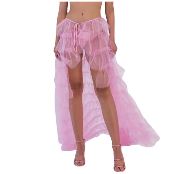 Puliio Women's Tiered Tulle High Low Skirt Sheer Elastic Waist Evening Party Skirts