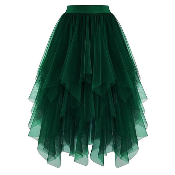 Puliio Women's Tiered Tulle Midi Skirt High Low Elastic Waist Casual Party Skirts