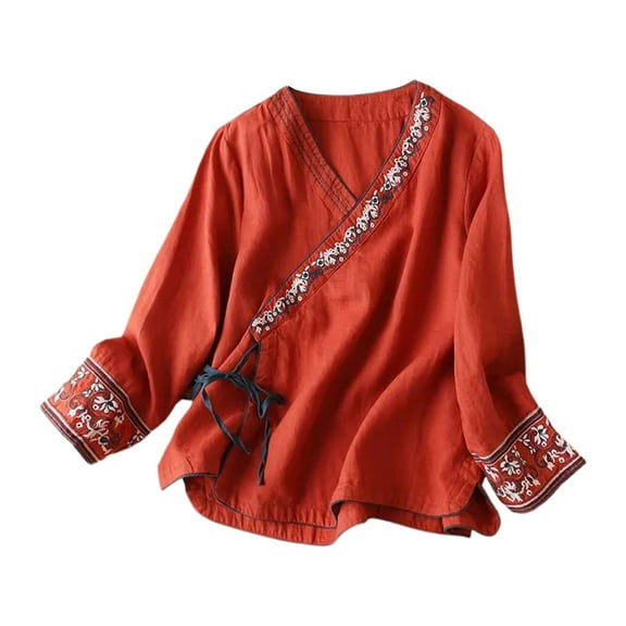 Puliio Women's Tops Ethnic Style Oblique Embroidery Long Sleeve Top Loose Fit Vintage Improved Hanfu Clothing Tops