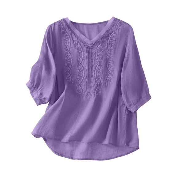 Puliio Women's Tops Solid Color Vintage Embroidered Blouse 3/4 Sleeve V-Neck Patchwork Shirt Chinese Style Shirt Chic Tops
