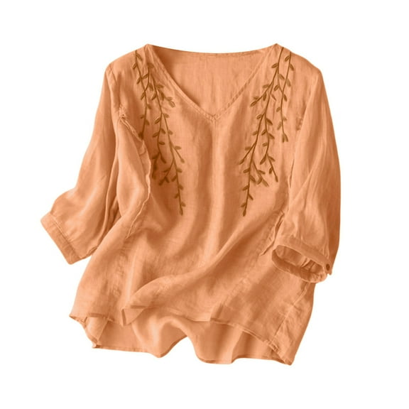 Puliio Women's Tops Solid Color Vintage Embroidery Round Neck Shirt Summer Loose And Thin National Style Blouse T Shirt Tops