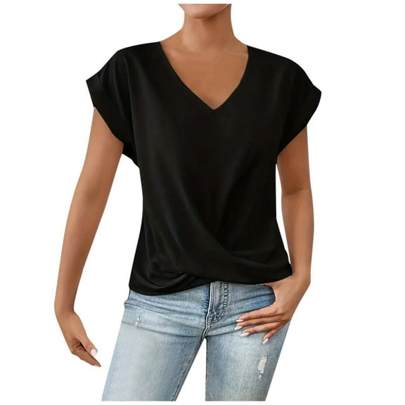 Puliio Women's Tops Solid V-Neck Short Sleeve Shirt Women Summer Elegant Fashion Trendy Blouses Casual Loose Fit Tees Tops