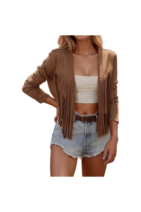 Women's Western Fringe Cropped Jacket Rivet Decor Minimalist Retro Long Sleeve Loose Layering Coat