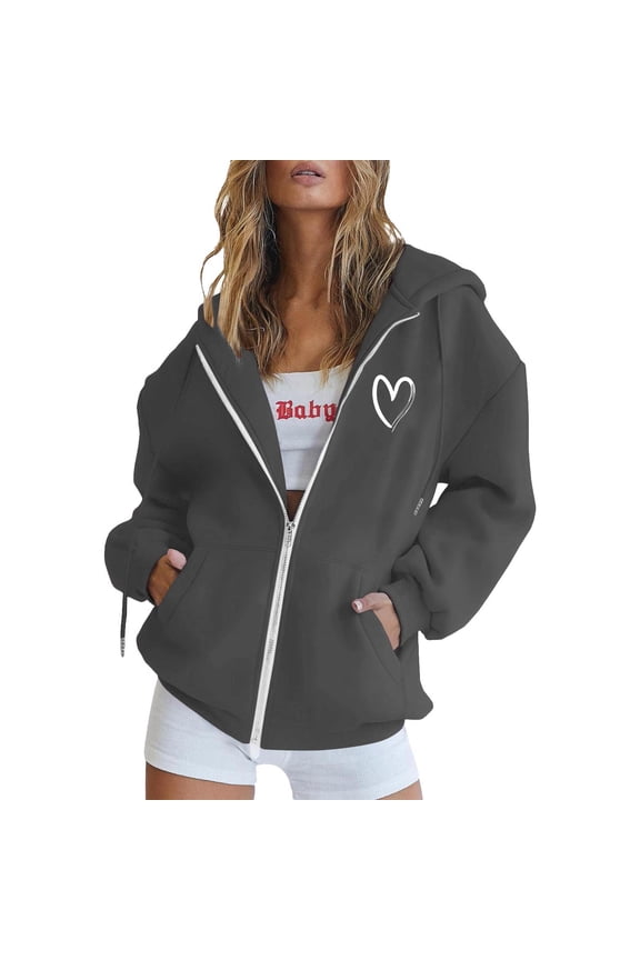 Women's Zip Up Hoodie Casual Heart Printed Zipper Hooded Sweatshirt With Pockets Winte Long Sleeve Everyday Wear Casual Trendy Pullovers Tops