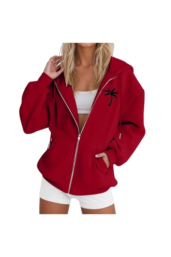 Women's Zip Up Hoodie Coconut Tree Print Casual Long Sleeved Drawstring Hooded Jacket Versatile Daily Zipper Hooded Sweatshirt