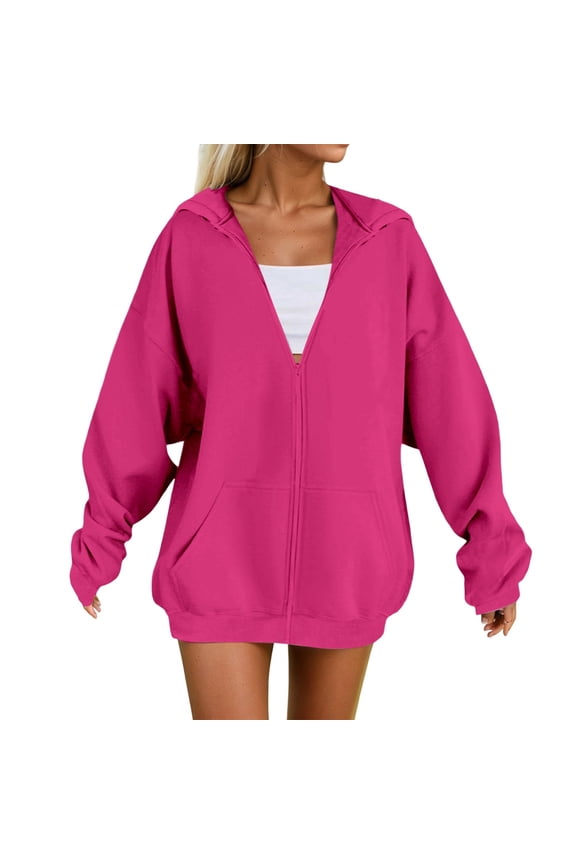 Women's Zipper Hoodies Solid Color Comfortable Pullover Sweatshirt With Pocket Drawstring Soft Casual Loose Fit Long Sleeve Warm Winter Fall Outerwear Hoodies Sweatshirts