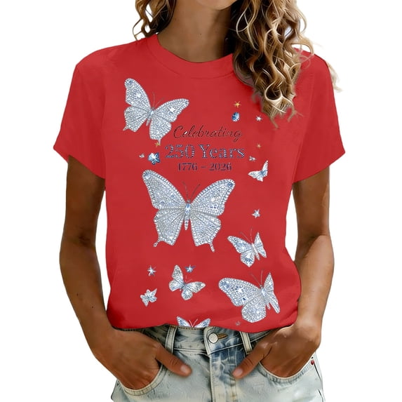 Puliio Womens 250th Anniversary USA T-Shirt Celebrating 250 Years 1776-2026 Butterfly Graphic 4th of July Tshirt Crewneck Patriotic Tee