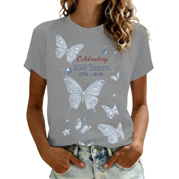Puliio Womens 250th Anniversary USA T-Shirt Celebrating 250 Years 1776-2026 Butterfly Graphic 4th of July Tshirt Crewneck Patriotic Tee