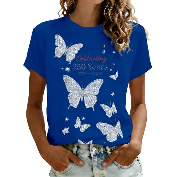 Puliio Womens 250th Anniversary USA T-Shirt Celebrating 250 Years 1776-2026 Butterfly Graphic 4th of July Tshirt Crewneck Patriotic Tee