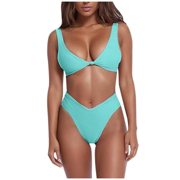 Puliio Womens Bikini Set V-Neck Wide Strap Knot Front Swim Top With High Waist Shorts 2Pcs Beach Swimsuit