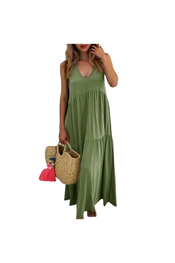 Womens Boho Dresses Solid Color V-Neck Sleeveless Loose Flowy Maxi Beach Casual Dress