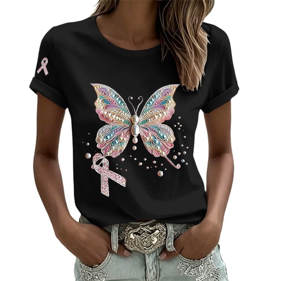 Puliio Womens Butterfly Ribbon Print T Shirt Short Sleeve Casual Awareness Summer Daily Tee