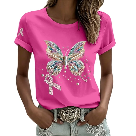 Puliio Womens Butterfly Ribbon Print T Shirt Short Sleeve Casual Awareness Summer Daily Tee