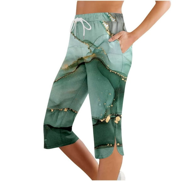Puliio Womens Capri Pants Canadian Maple Leaf Print Mid Waist Drawstring Pant With Pockets Summer Fashion Comfortable Sport Trousers