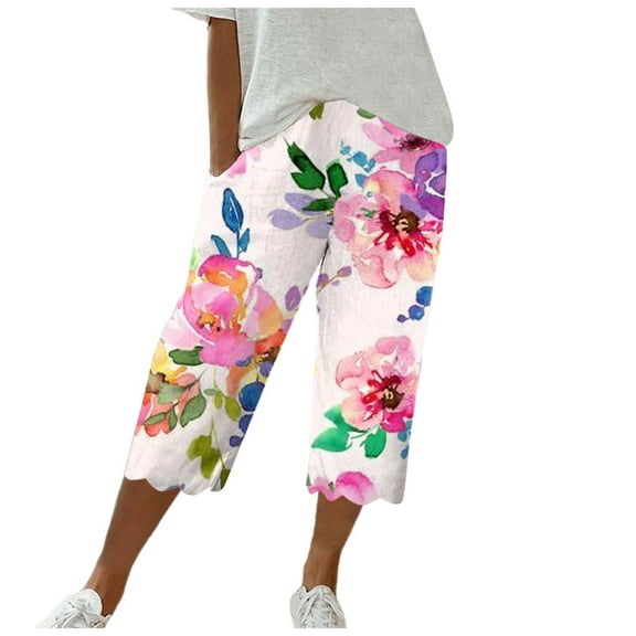 Puliio Womens Capri Pants Flower Print Elastic Waist With Pocket Trouser Soft Loose Fashion Pants