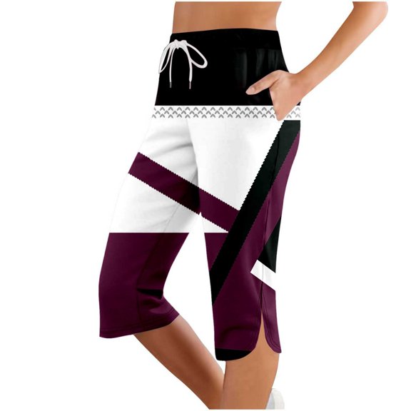 Puliio Womens Capri Pants Slim Fit Mid Waist Drawstring Trouser Irregular Print Summer Fashion Comfortable Sweatpants With Pockets