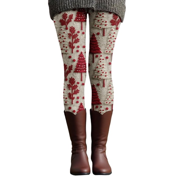 Puliio Womens Christmas Leggings Holiday Cozy Comfort Stretch Soft High Waist Tights With Christmas Tree Printed Winter Warm Casual Wear Daily Use Fashion Fitness Pants,Red,S